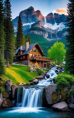 a cabin in the mountains with a waterfall