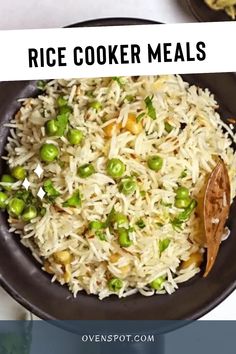 rice cooker meals with peas and peas in the middle, on top of a plate