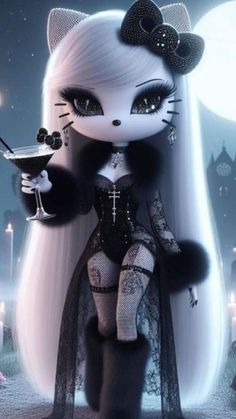 a white cat dressed in black holding a drink