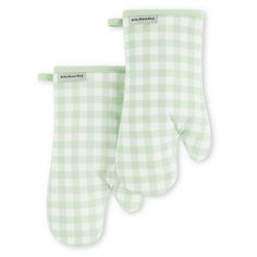 two oven mitts in green gingham