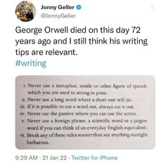 the twitter post has been altered to include an image of george orwell on his day 72 years ago and i still think his writing tips are relevant