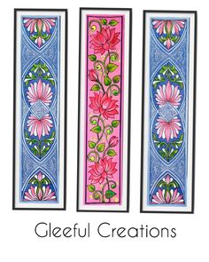 three colorful bookmarks with flowers and leaves on them, one has the word gleeful creations