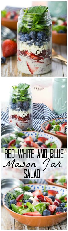 red, white and blue layered salad in a jar