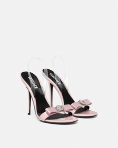 Gianni Ribbon Slingback Sandals 4.3" / 110 mm Pink | VERSACE US Luxury Slingback Pumps For Party With Buckle Closure, Luxury Party Slingback Pumps With Buckle, Luxury Party Slingback Pumps With Buckle Closure, Luxury Heels With Bow Straps And Open Heel, Luxury Open Heel Heels With Bow Straps, Designer Open Toe Heels With Bow, Luxury Slingback Sandals For Party With Buckle Closure, Luxury Party Slingback Sandals With Buckle Closure, Luxury Open Toe Heels With Bow Straps