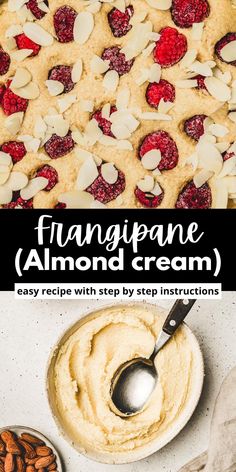 a pan filled with almonds, raspberries and cream