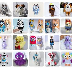 many different stuffed animals are shown together