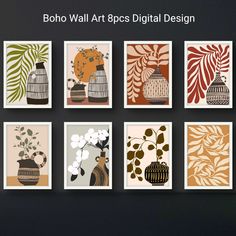 six different art prints on a wall with the words boho wall art goes digital design