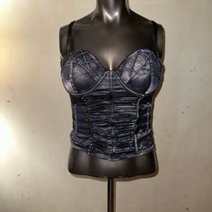 Nwot But It’s Brand New. I Got It Without Tags. Y2k Satin Sheen Denim Material With Rhinestones Size Medium. Has Adjustable Straps (Use Button Or Notwill Hook In Back Of Cup Like Bra) Can Go Without Straps Too With Padded Underwire Cups And Hook And Eye Closure In The Back. Very Stretchy And Should Fit Cup Size B/C. Stretches Another Inch Or More! Nicer In Person! Feel Free To Ask Questions. Made From Cotton/Polyester/Spandex. Fitted Y2k Denim Blue Top, Denim Corset For Night Out, Fitted Denim Party Top, Trendy Denim Corset For Night Out, Fitted Dark Wash Corset, Undershirt Tank Top, Small Tank Tops, Stage Outfit, Denim Corset