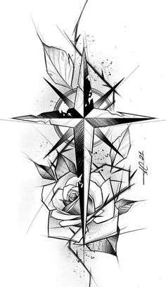 a black and white drawing of a cross with roses