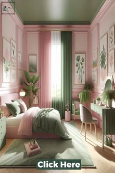 a bedroom with pink walls and green curtains