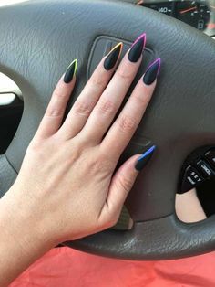 Black Nails With Rainbow Tips, Black And Neon French Tip Nails, Black Nails Rainbow Tips, Almond Nails Basic Design, Black Nails Neon Tips, Colorful Goth Nails, Black Nails With Neon Tips, Rave Nails Acrylic Festival, Matte Stiletto Nails Design