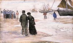 a painting of people on the beach with boats in the background