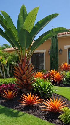 a tropical garden with orange and red flowers in front of a house on a sunny day