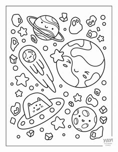 a coloring page with space related objects and stars in the sky, including an image of planets