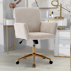 an office chair with wheels and casteors in front of a white wall, next to a desk