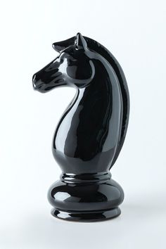 a black glass chess piece on a white background with the reflection of it's head