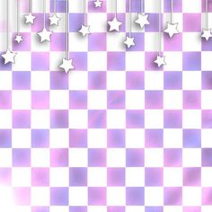 purple and white checkered background with stars hanging from the ceiling in front of them