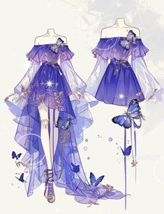 a blue dress with butterflies on it and a butterfly in the air next to it