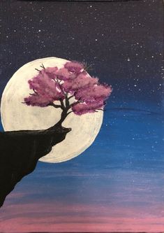 an acrylic painting of a tree on a cliff with the moon in the background