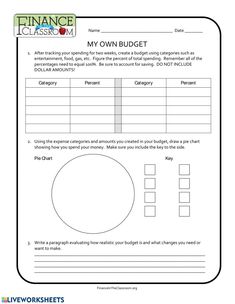 a printable worksheet for students to practice their own budget and financial statements