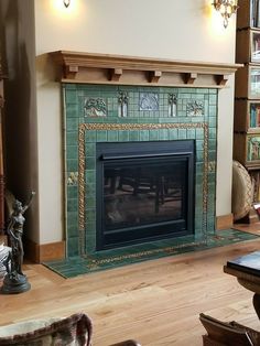 a living room with a fire place and bookshelves