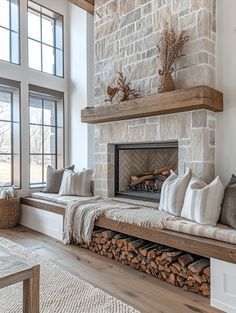 a living room filled with lots of furniture and a fire place in front of a window