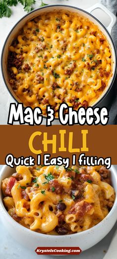 macaroni and cheese chili in a skillet with the title overlaying