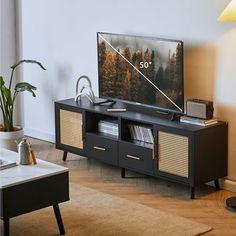 a flat screen tv sitting on top of a wooden entertainment center in a living room