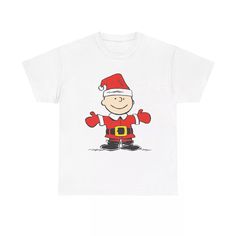 a white t - shirt with an image of a cartoon character wearing santa claus's hat