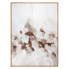 an abstract painting with birds flying in the sky on white and brown background, framed in wood frame