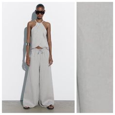 Nwt. Zara Light Grey Linen High-Waist Flowing Palazzo Pants Featuring An Elastic Waistband With Adjustable Drawstrings. Size Xl. Ref. 4877/258. Waist 16" Flat, Rise 13", Inseam 28". E Stretch Linen Summer Pants, Zara Linen Bottoms For Summer, Zara Wide Leg Pants For Summer Loungewear, Zara Summer Wide Leg Pants For Loungewear, Zara Linen Summer Bottoms, Fitted Wide Leg Summer Pants, Fitted Wide Leg Ankle-length Pants For Summer, Chic Baggy Summer Pants, Zara Linen Pants For Spring