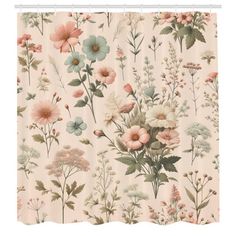 a shower curtain with flowers and leaves on the outside, in pastel pink tones