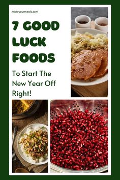 Traditional good luck foods to serve on New Year's day including pomegranate arils, black eyed peas & greens, and pork & sauerkraut. From makeyourmeals.com. New Year Meals Traditional, New Years Tradition Food, New Year's Eve Food Traditions, Healthy Food Recipies