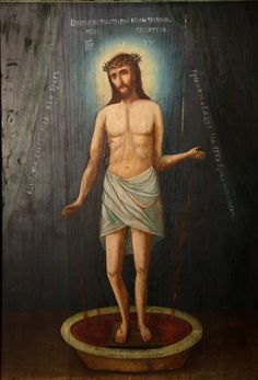 a painting of jesus on the cross with his hands in one hand and feet in the other