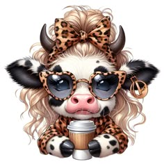 a cow wearing glasses and holding a cup with coffee in it's paws,