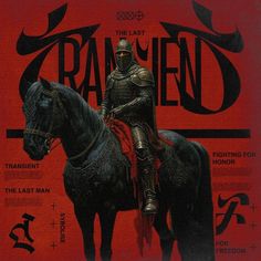 a man in armor sitting on top of a black horse next to a red background