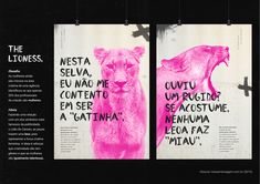 two posters with pink and black images on them, one has a bear in the middle