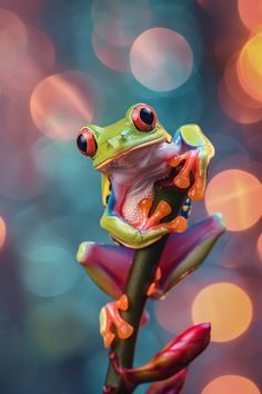 a frog sitting on top of a pink flower with bright lights in the back ground