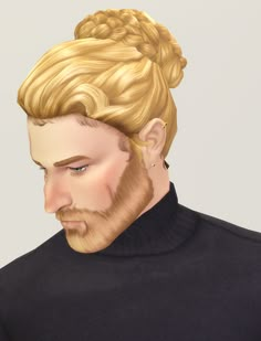 a man with blonde hair and a beard wearing a black turtle neck sweater is looking to his left