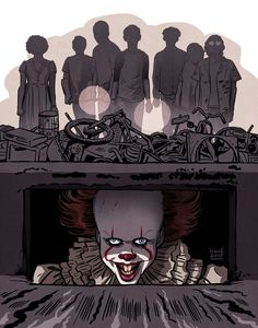 an image of a creepy clown coming out of a hole with people in the background