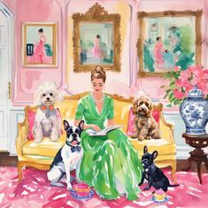 a painting of a woman sitting on a couch with three dogs in front of her