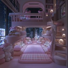 a room filled with lots of stuffed animals and pink bedspreads on the floor