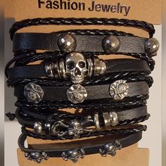 See Pics Above For This Cool 5 Pack Of Adjustable Leather Bracelets With Skeleton Heads. New Still In Packaging. Skeleton Heads, Gothic Black Leather Bracelet With Skull, Silver Skull Punk Leather Bracelet, Punk Silver Leather Skull Bracelet, Punk Black Skull Bracelets, Edgy Skull-shaped Metal Bracelets, Skeleton Head, Mens Fashion Jewelry, Silver Jewelry Fashion