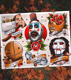 an assortment of stickers that include clowns, roses and other things on them