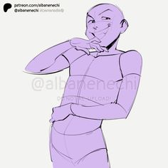 a drawing of a man with his hand on his chin, wearing a purple body suit