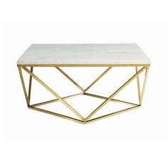 a white marble coffee table with gold metal frame and geometric design on the top, against a white background