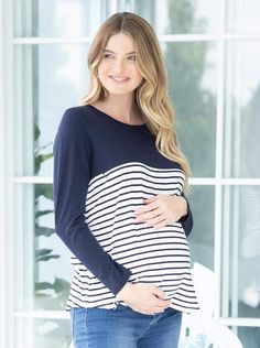 Maternity and Nursing Long Sleeve Top in Navy - Angel Maternity - Maternity clothes - shop online (6640285319262) Breastfeeding Dresses, Maternity Work Dresses, Maternity Work Pants, Maternity Skirts, Loungewear Outfit, Dresses Maternity, Maternity Sleepwear, Stripes Fabric, Drawstring Dresses