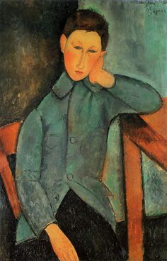 a painting of a woman sitting in a chair with her hand on her chin and looking to the side