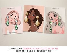 three cards with different designs on them and the text, editable diy earring display card template free demo link description