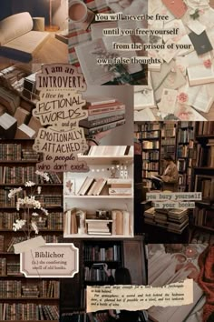 the collage shows many different types of books on shelves and in front of a lamp